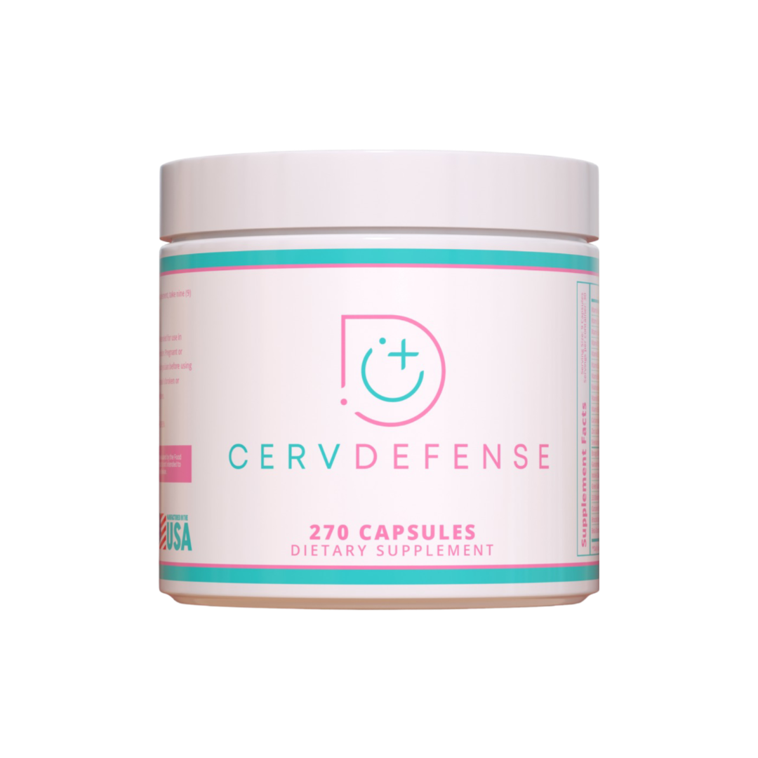 A white vitamin bottle with the word CervDefense written on it in teal and pink.