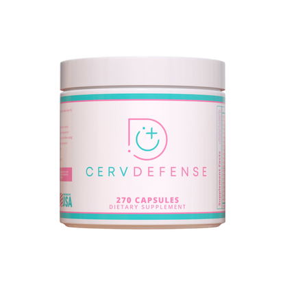 A white vitamin bottle with the word CervDefense written on it in teal and pink.