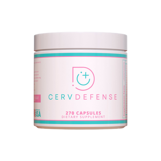 A white vitamin bottle with the word CervDefense written on it in teal and pink.